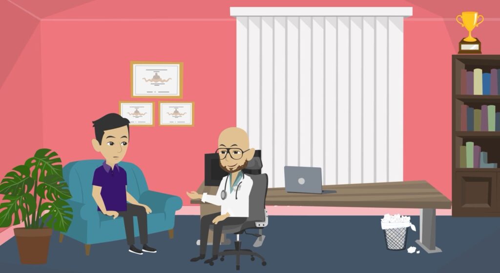 Animovaný obrázek zobrazuje ordinaci psychiatra. Doktor sedí za stolem a vede rozhovor s pacientem. Naproti němu v křesle sedí muž ve věku kolem 30 let, který přišel svěřit se svou závislostí na pornografii.
